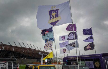 Lou City Tailgater flags in front of Lynn Family Stadium 2021